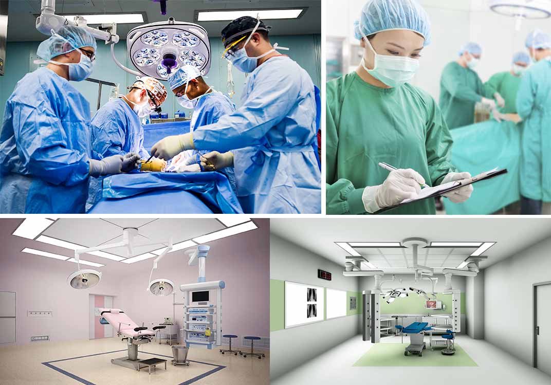Sala de operaciones, departamento de anestesiología y otros departamentos.